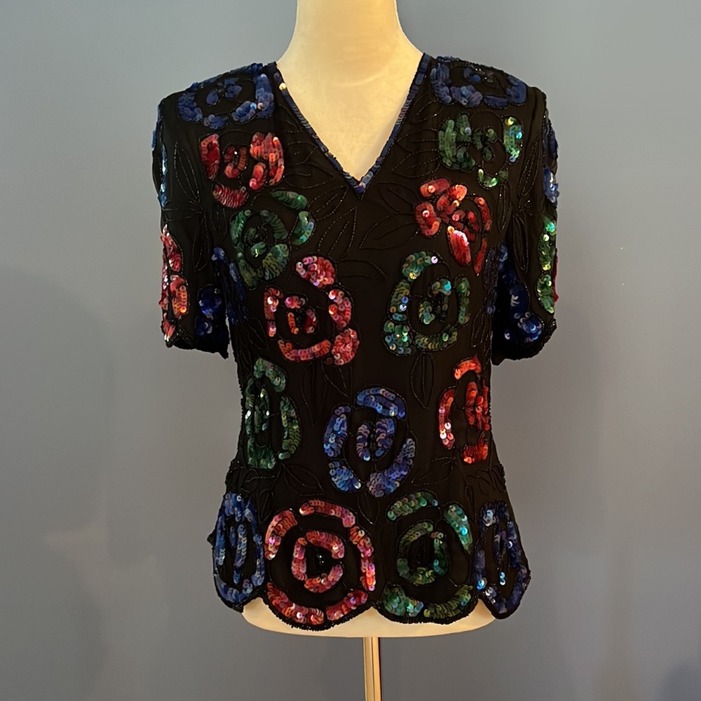 Vintage 1990s Stenay Black Sequin Beaded Cocktail Top Size S